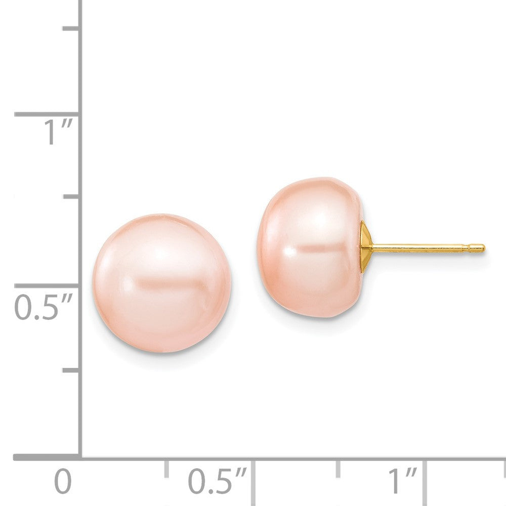 14k Yellow Gold 10-11mm Pink Button Freshwater Cultured Pearl Stud Earrings