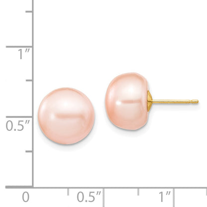 14k Yellow Gold 10-11mm Pink Button Freshwater Cultured Pearl Stud Earrings