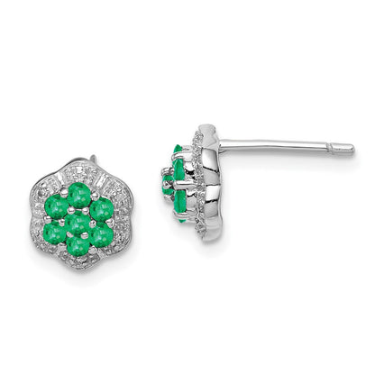 Sterling Silver Rhodium Emerald & Diamond Button Stud Earrings