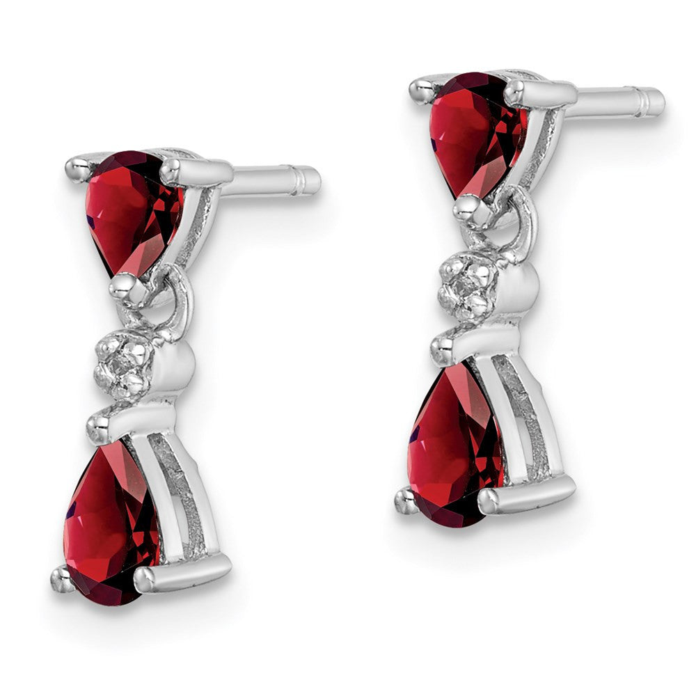 Sterling Silver Rhodium Pear Garnet and Diamond Dangle Earrings