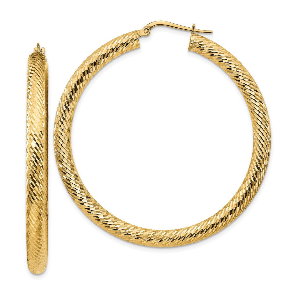 14k Yellow Gold 4x50mm Diamond-cut Round Hoop Earrings