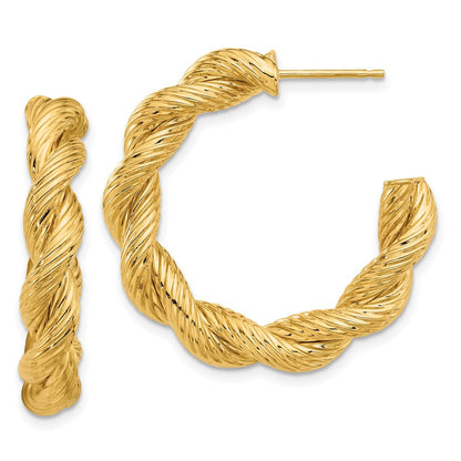 14k Yellow Gold Polished and Textured Twisted Hoop Earrings