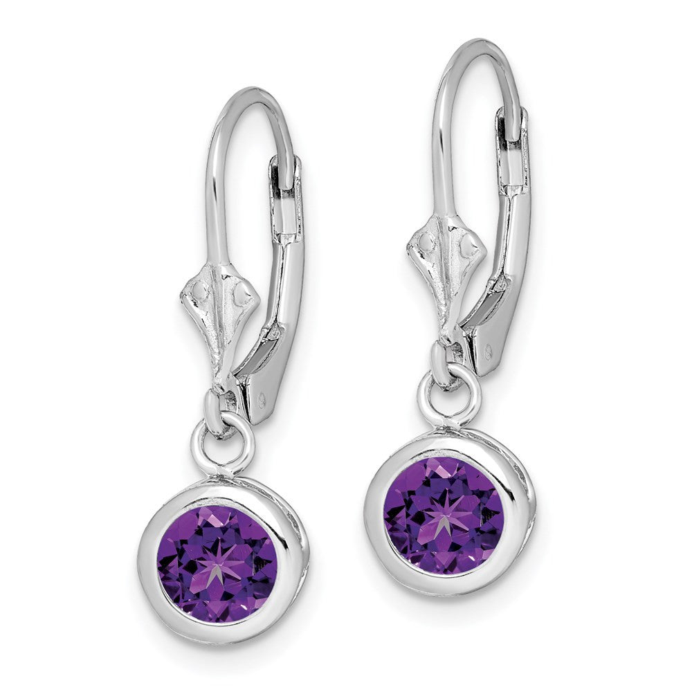 Sterling Silver Rhodium Plated 6mm Round Amethyst Leverback Dangle Earrings