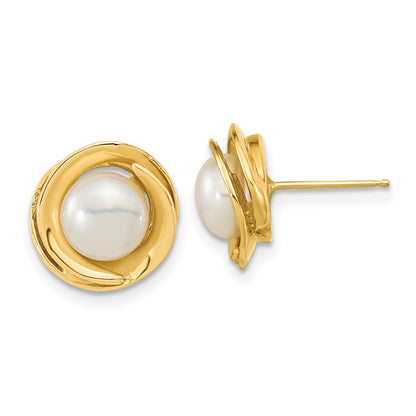 14k Yellow Gold 6-7mm White Button Freshwater Cultured Pearl Stud Earrings