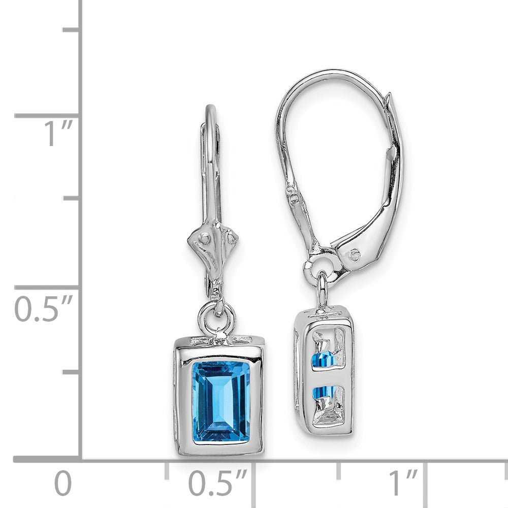 Sterling Silver RH Plated 7x5 Emerald Cut Blue Topaz Leverback Dangle Earrings