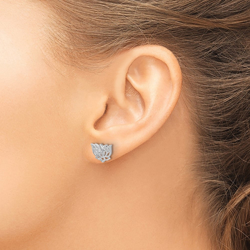 14k White Gold Diamond Lotus Flower Stud Earrings
