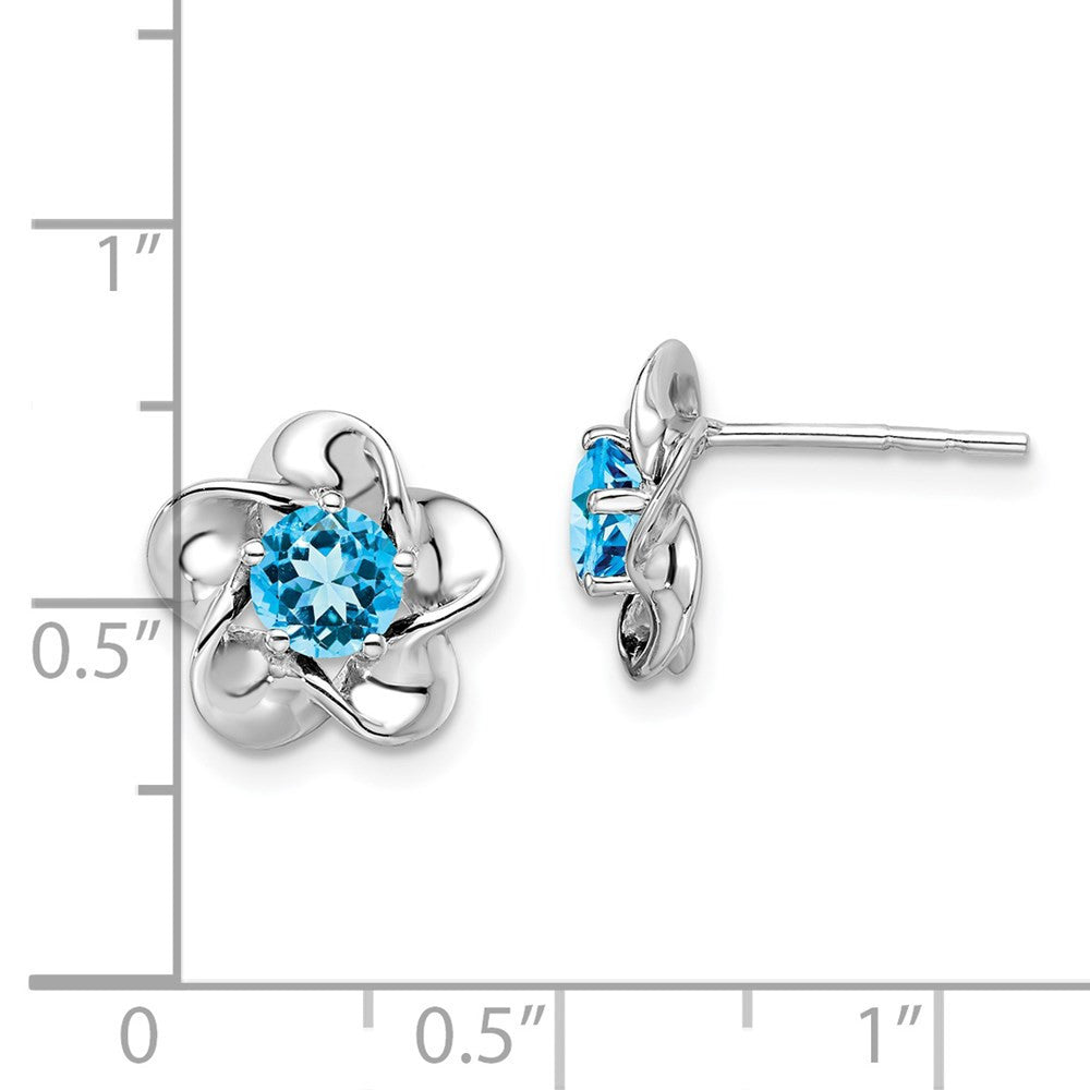 Sterling Silver Rhodium-plated Floral Blue Topaz Button Stud Earrings