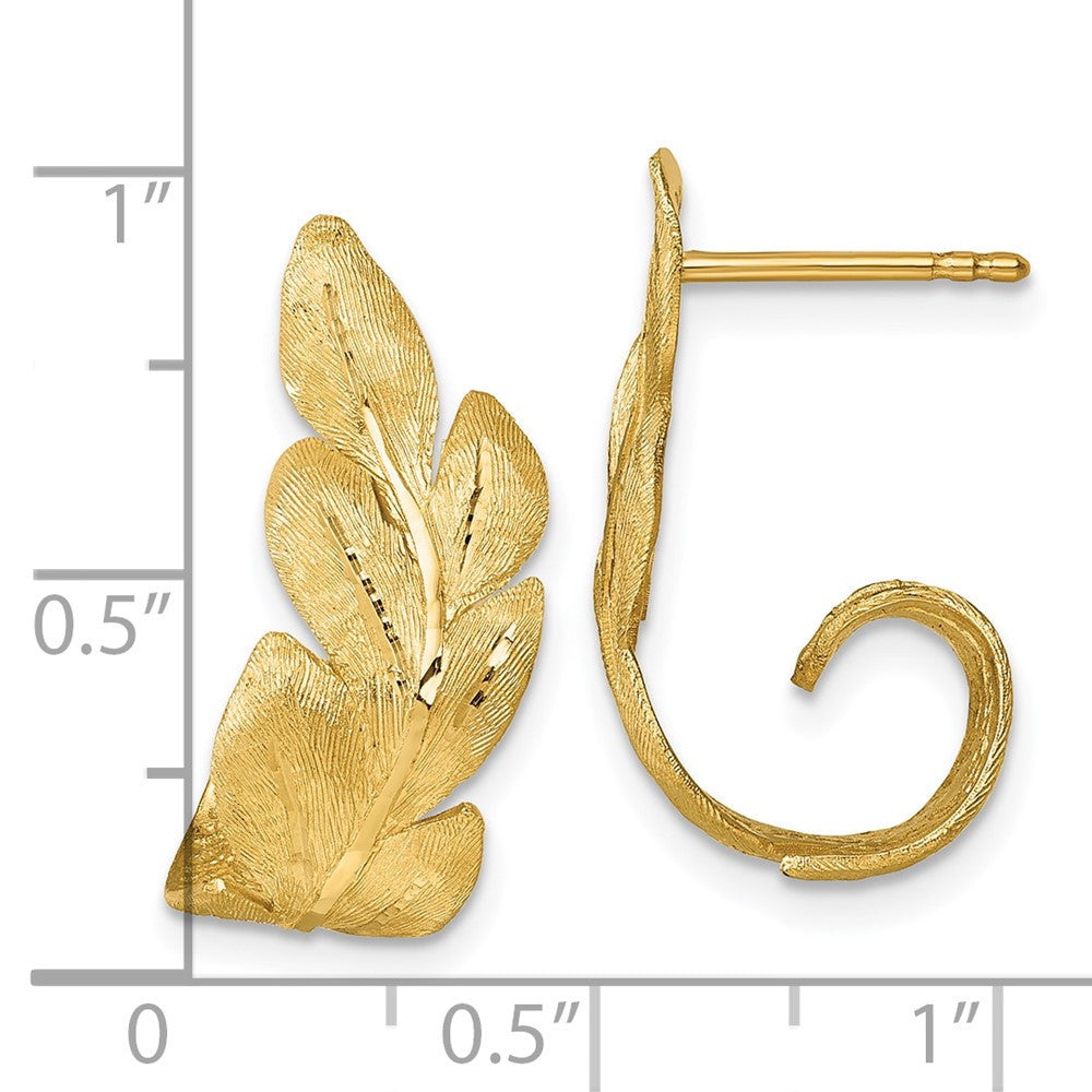 14k Yellow Gold Brushed And Textured Curled Leaf Hoop Earrings