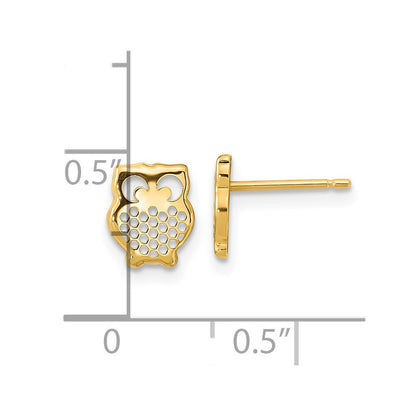 14k Yellow Gold Textured Owl Button Stud Earrings