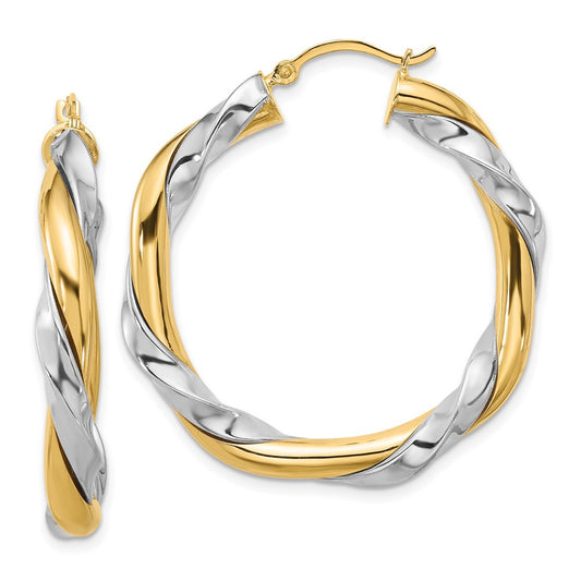14k Yellow Gold w/White Rhodium Twisted Hoop Earrings