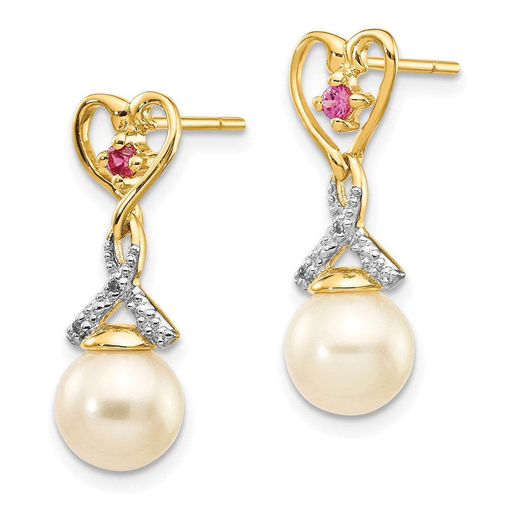 14k Yellow Gold 7-8mm FWC Pearl Created Ruby Diamond Heart Dangle Earrings