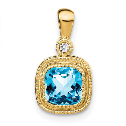 14k Yellow Gold Cushion Blue Topaz and Diamond Pendant
