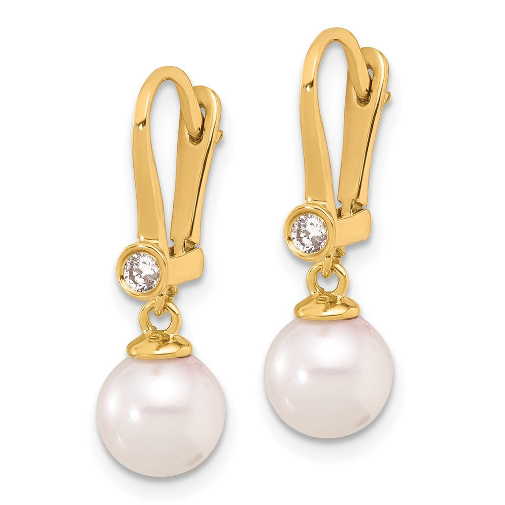 14k Yellow Gold 8mm Akoya Saltwater Cultured Pearl & Diamond Dangle Earrings
