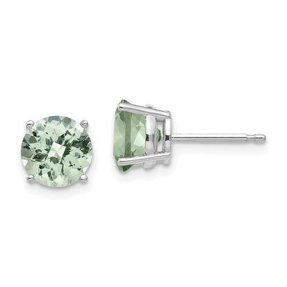 14k White Gold  7mm Round Checker-Cut Green Quartz Stud Earrings