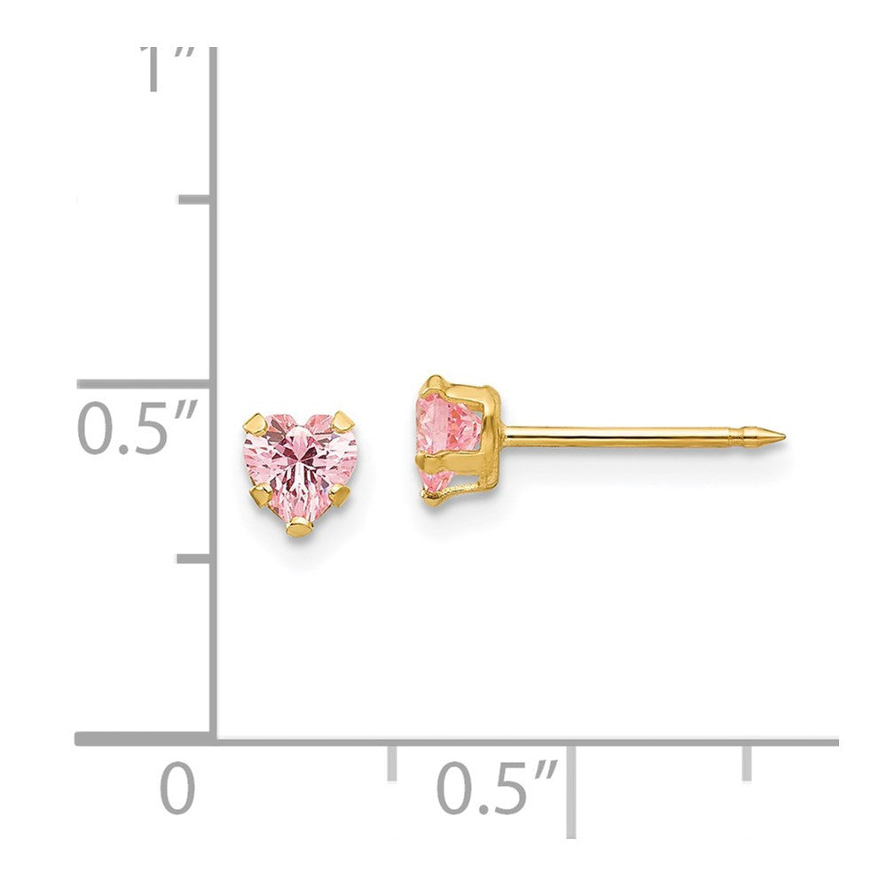 14k Yellow Gold 4mm Pink Heart CZ Stud Earrings