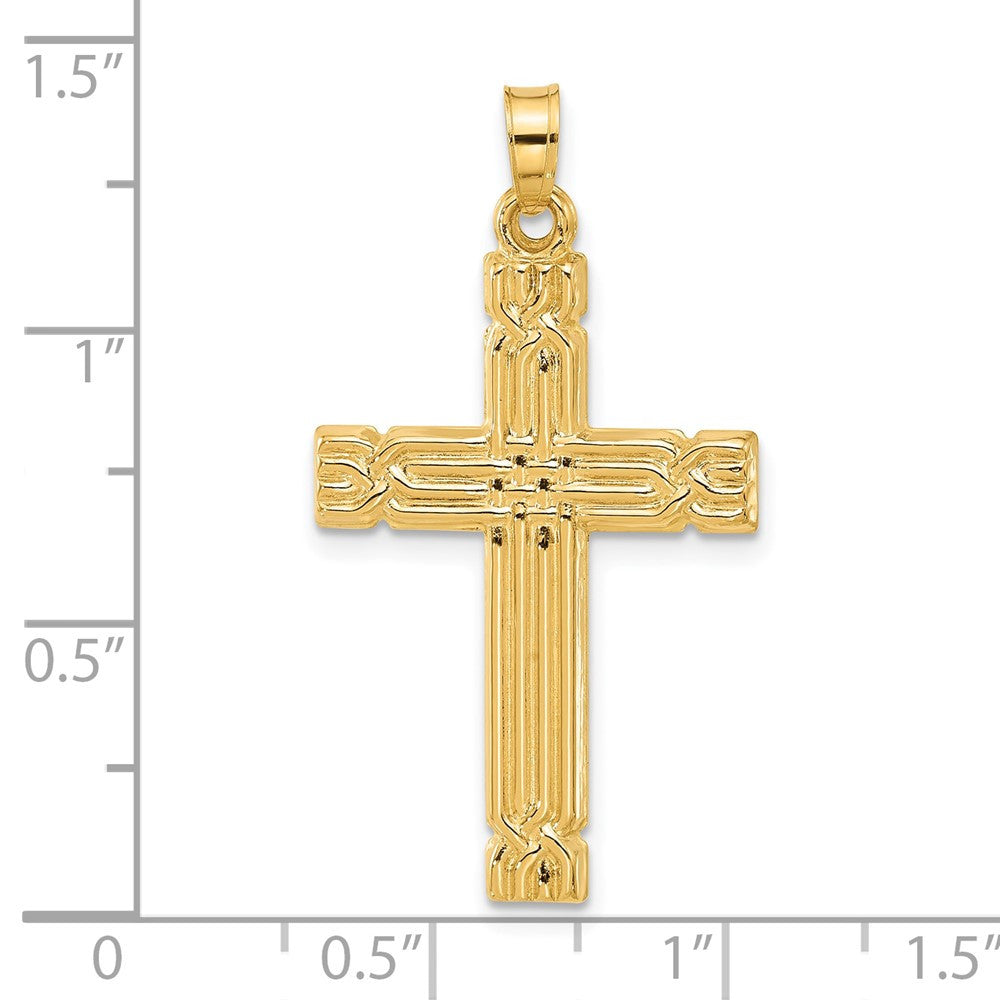 14k Yellow Gold Polished and Grooved Hollow Cross Pendant
