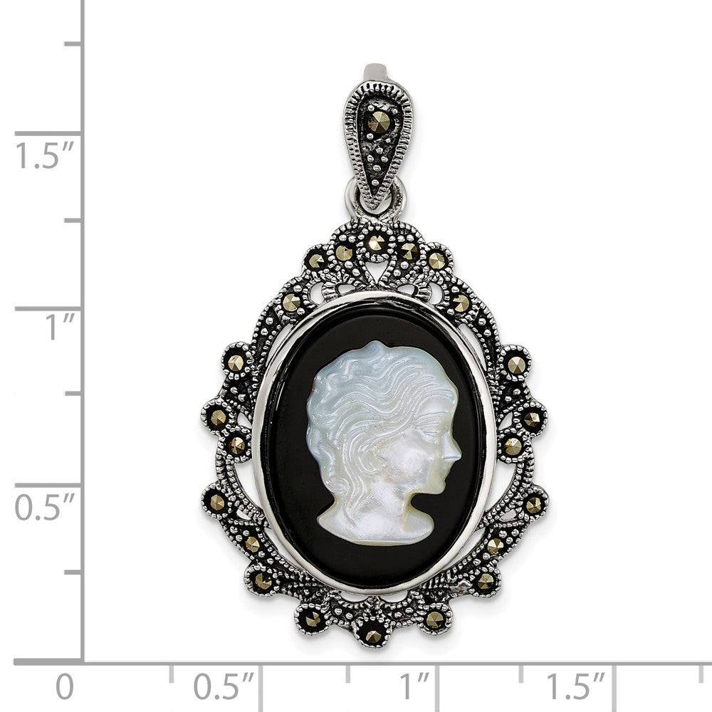 Sterling Silver Antiqued Marcasite Blk Agate and MOP Cameo Pendant
