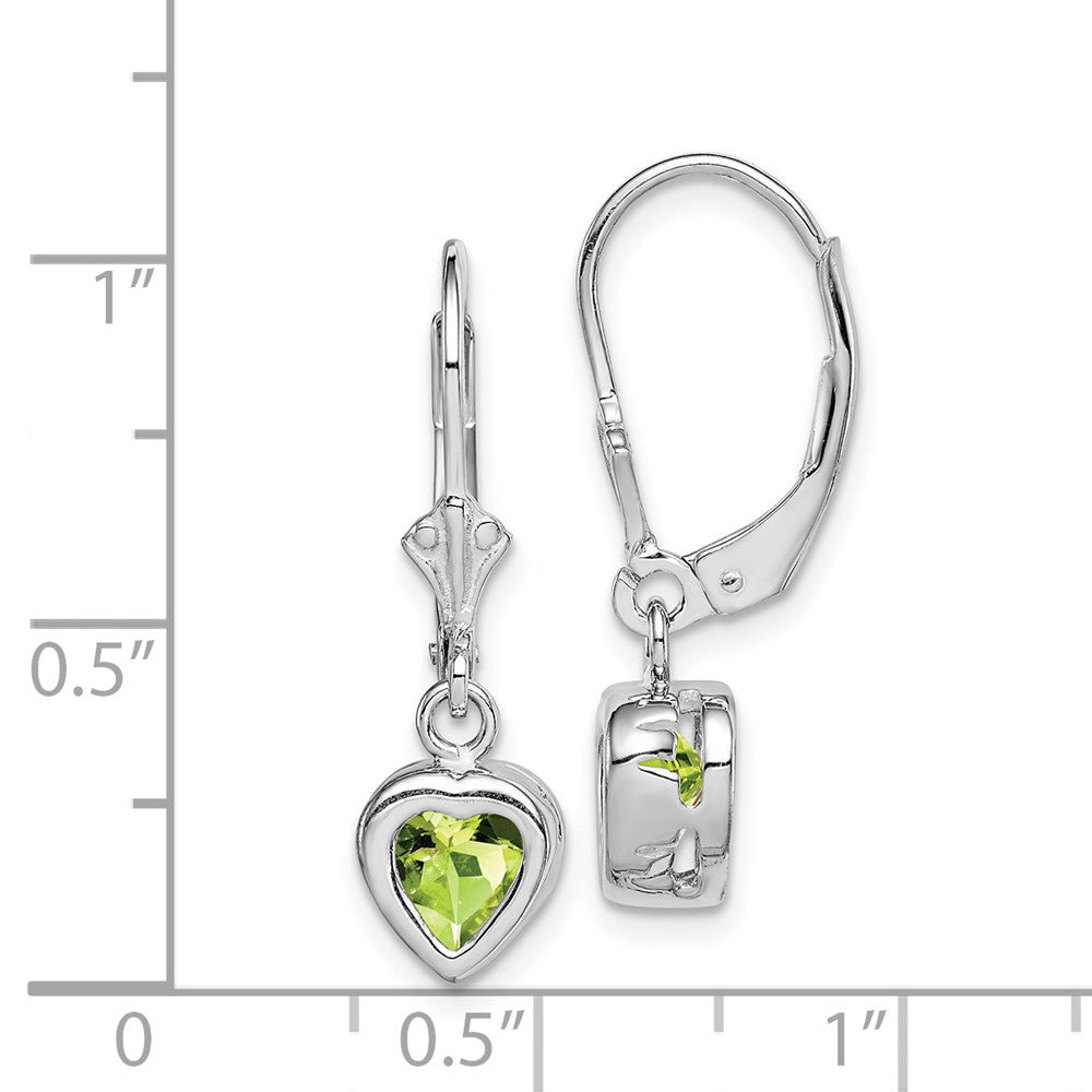 Sterling Silver Rhodium Plated 6mm Heart Peridot Leverback Dangle Earrings