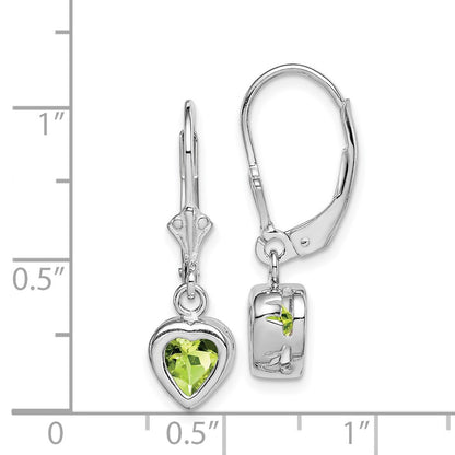 Sterling Silver Rhodium Plated 6mm Heart Peridot Leverback Dangle Earrings