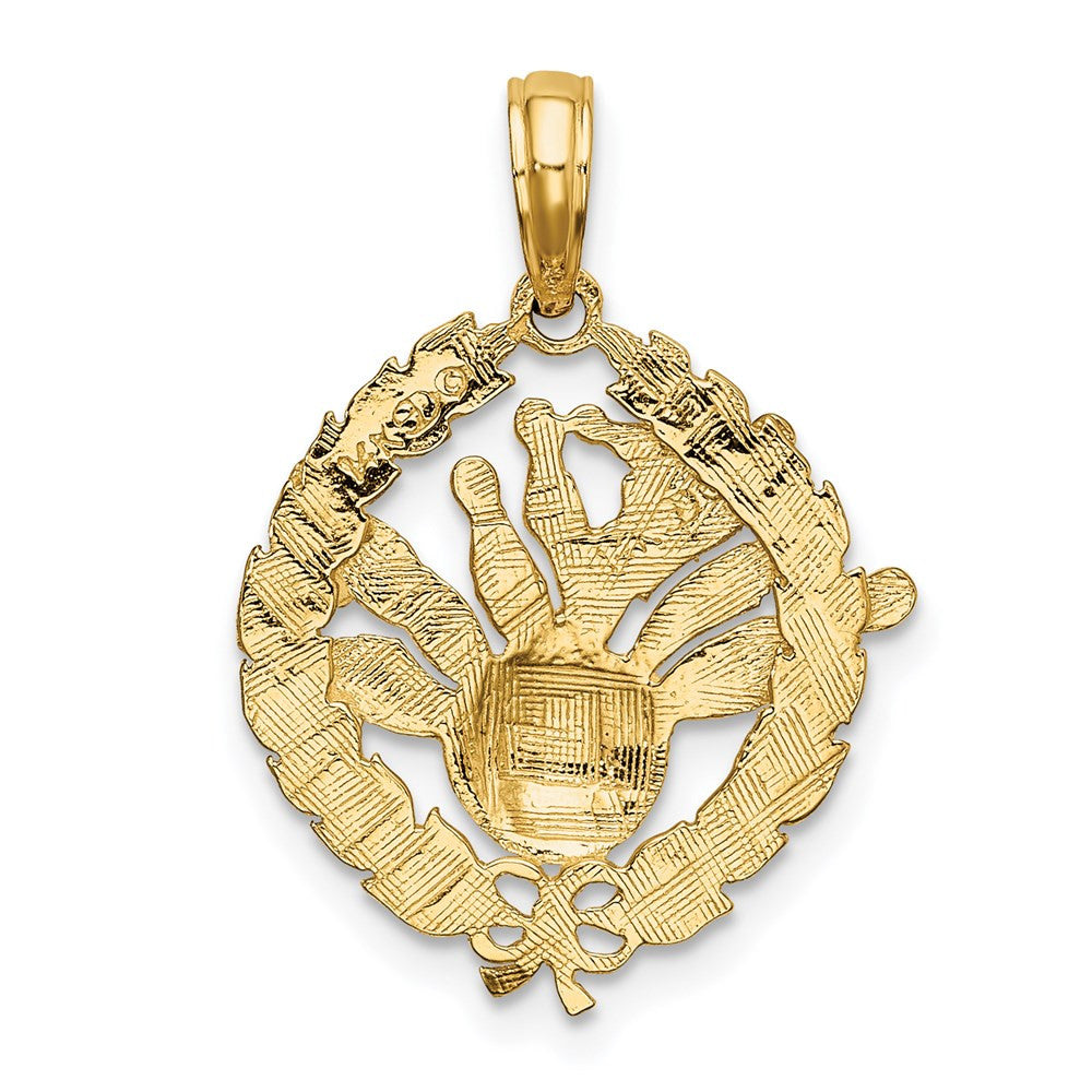 14k Yellow Gold Bowling Story in Leaf Circle Charm Pendant