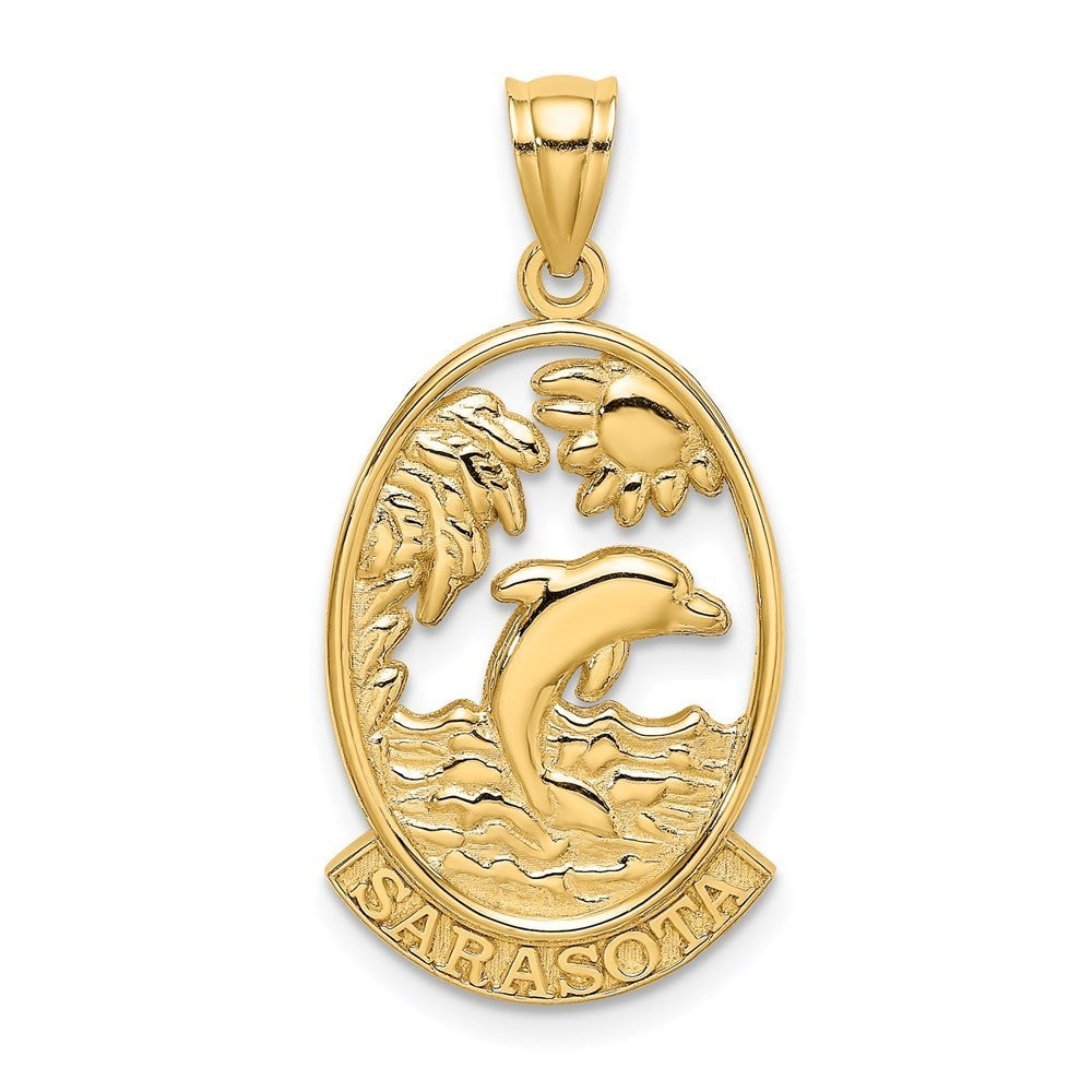 14k Yellow Gold SARASOTA Dolphin Sunset Scene Charm Pendant