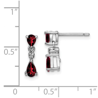 Sterling Silver Rhodium Pear Garnet and Diamond Dangle Earrings
