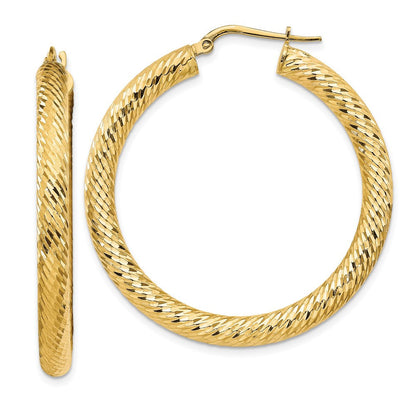 14k Yellow Gold 4x30mm Diamond-cut Round Hoop Earrings