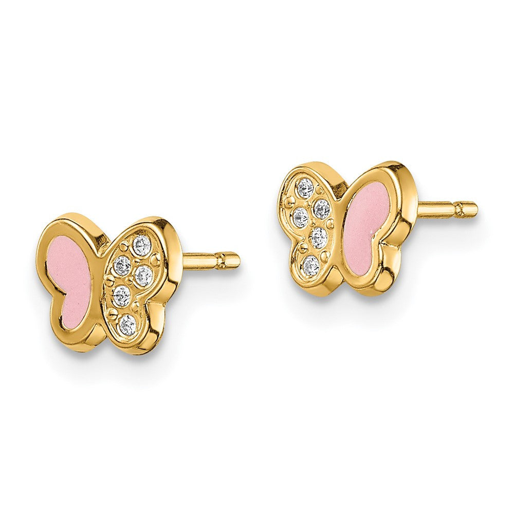 14k Yellow Gold CZ Pink Enamel Butterfly Button Stud Earrings