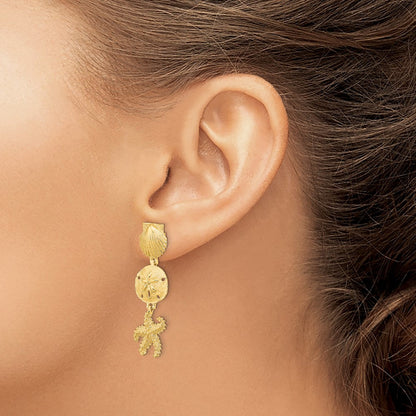 14k Yellow Gold Shell, Sand Dollar ,Starfish Dangle Earrings