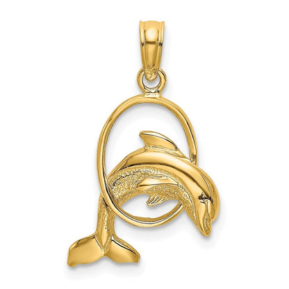 14k Yellow Gold Polished Dolphin Jumping Through Hoop Charm Pendant