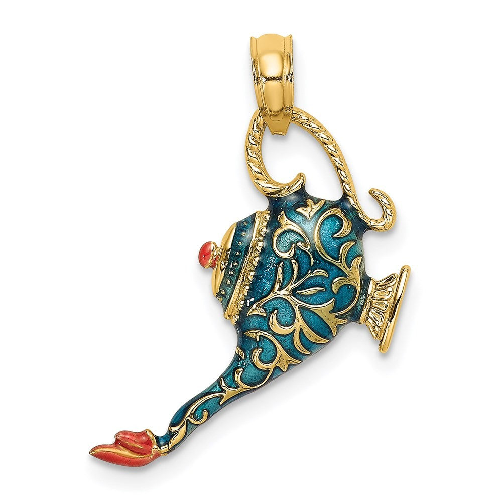 14k Yellow Gold Enamel 3-D Textured Blue Genie Lamp Charm Pendant
