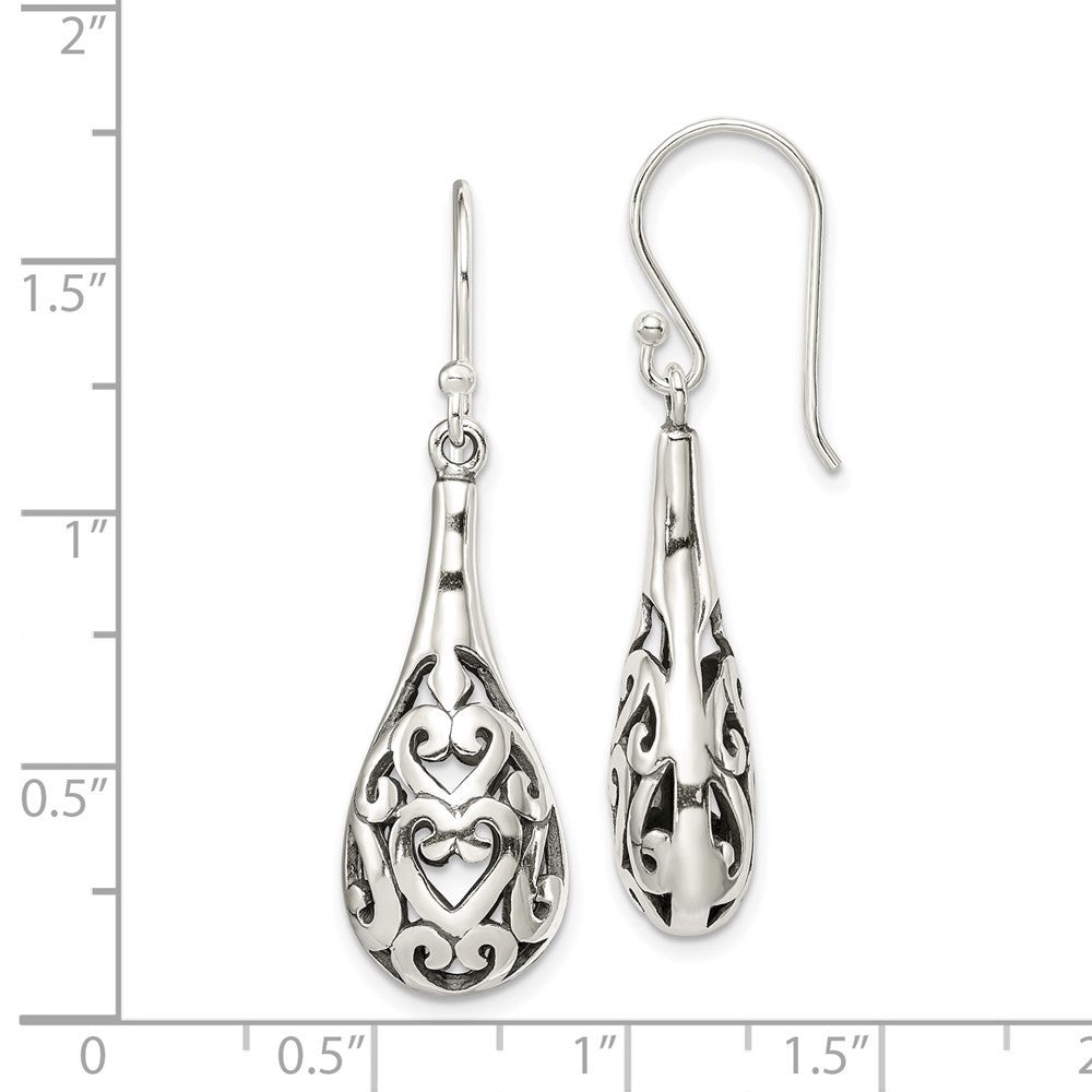 Sterling Silver Polished & Antiqued Filigree Heart Tear Dangle Earrings