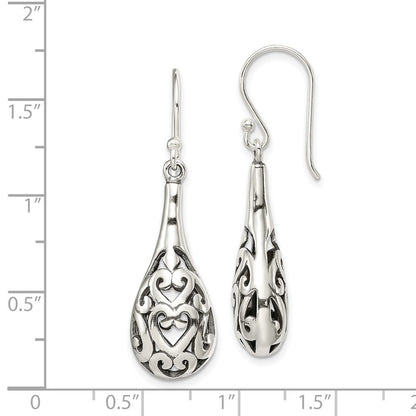 Sterling Silver Polished & Antiqued Filigree Heart Tear Dangle Earrings