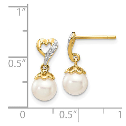 14k Yellow Gold 6-7mm Round FWC Pearl .01ct Heart Diamond Dangle Earrings