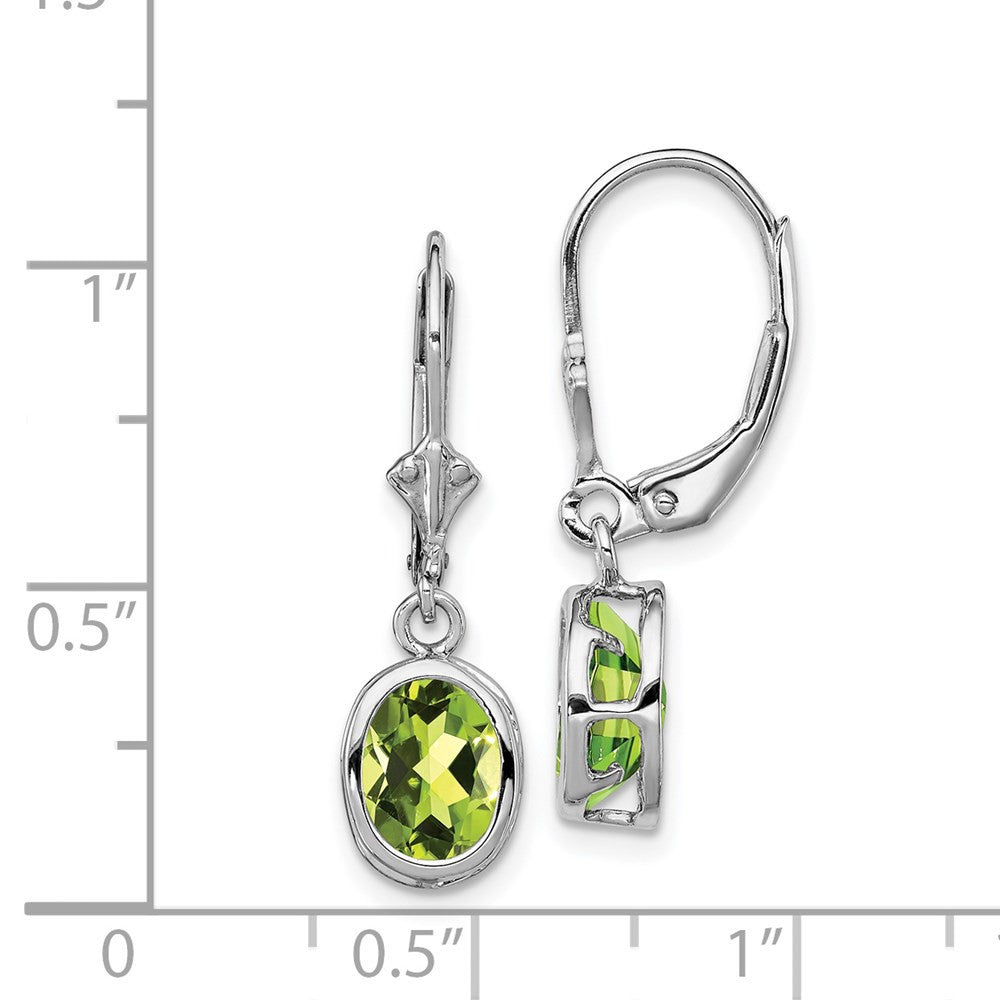 Sterling Silver Rhodium Plated 8x6mm Oval Peridot Leverback Dangle Earrings