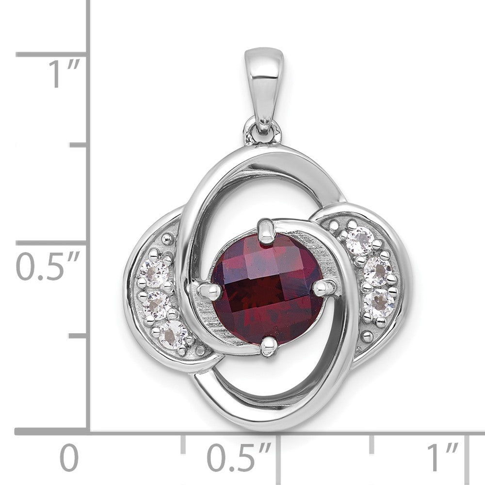 Sterling Silver Rhodium Polished Checker-cut Garnet and White Topaz Pendant