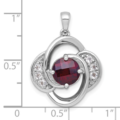 Sterling Silver Rhodium Polished Checker-cut Garnet and White Topaz Pendant