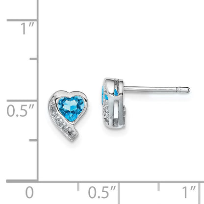 Sterling Silver Rhodium-plated Blue Topaz and Diamond Heart Button Stud Earrings