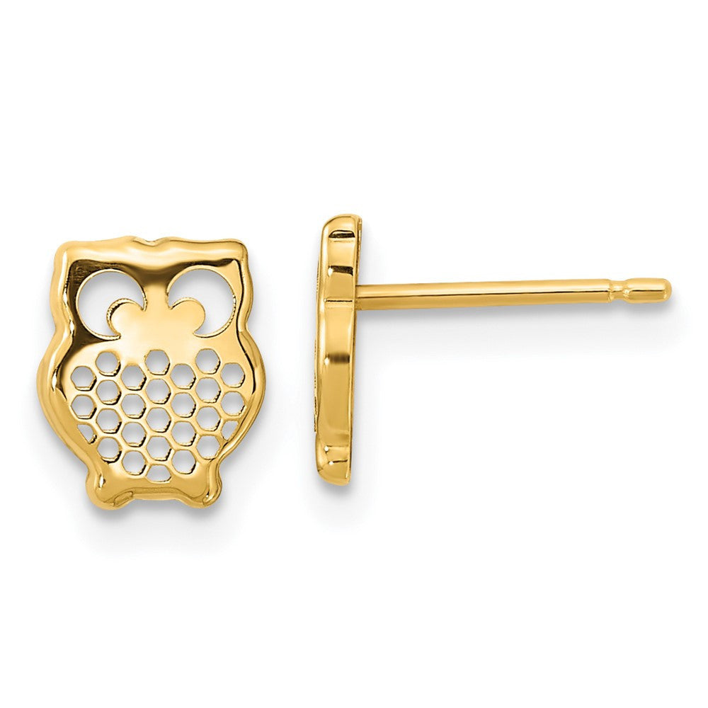 14k Yellow Gold Textured Owl Button Stud Earrings