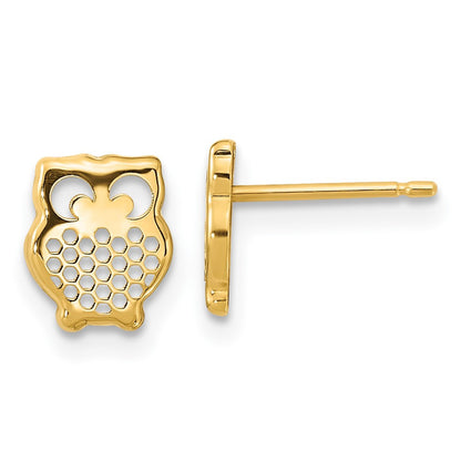 14k Yellow Gold Textured Owl Button Stud Earrings