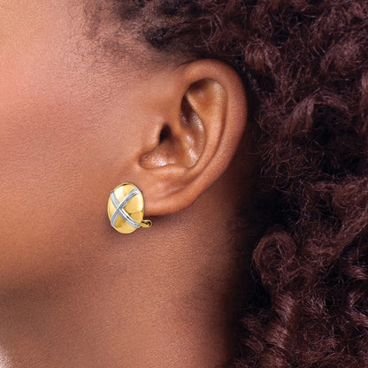 14k Yellow Gold Polished & Rhodium X Omega Back Stud Earrings