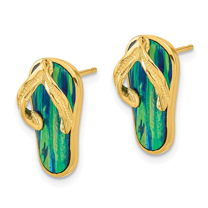 14k Yellow Gold Polished w/Created Blue Opal Flip Flop Stud Earrings