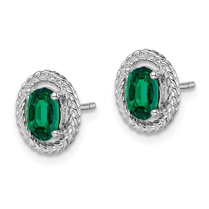 Sterling Silver Rhod-plat Created Emerald Oval Button Stud Earrings