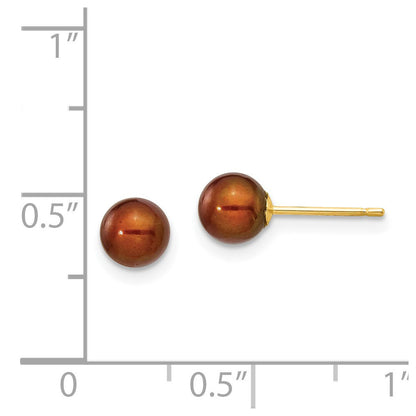 14k Yellow Gold 5-6mm Brown Round Freshwater Cultured Pearl Stud Earrings