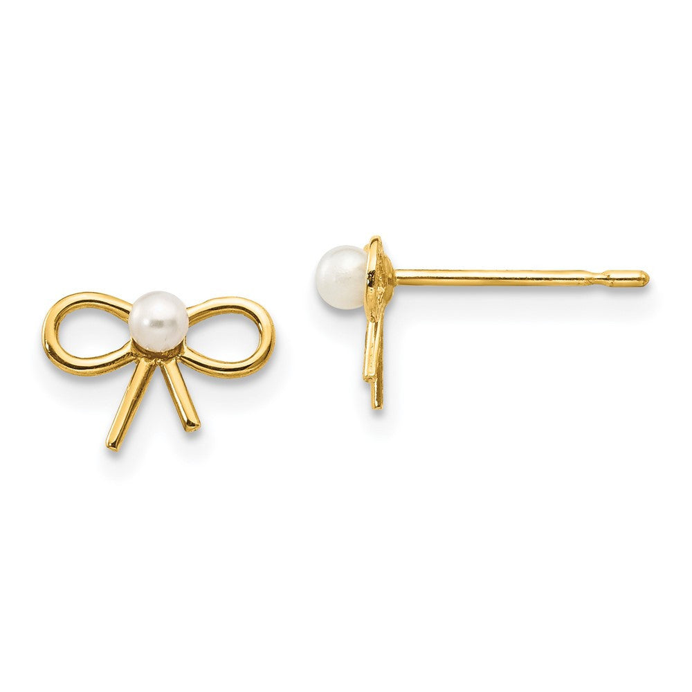 14k Yellow Gold FW Cultured Pearl Children's Bow Button Stud Earrings