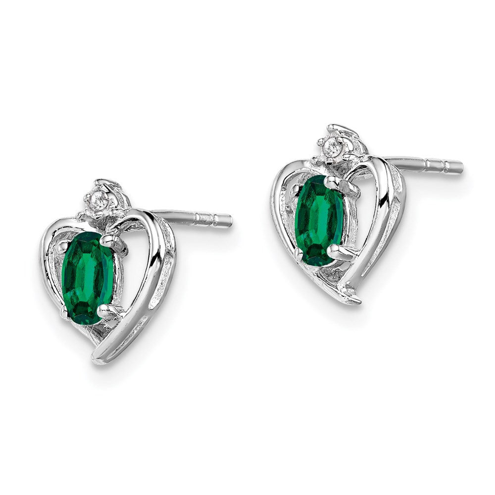 Sterling Silver Rhodium-plated Created Emerald & Diam. Button Stud Earrings