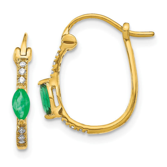 14k Yellow Gold 1/20ct Diamond and Emerald Hinged Hoop Earrings