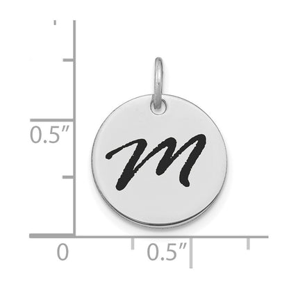 14k White Gold Polished Black Enamel Letter M Initial Disk Charm Pendant