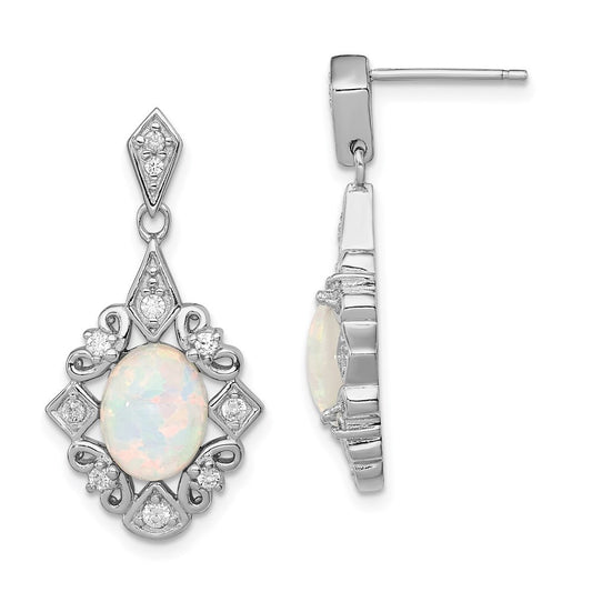 Sterling Silver Rhodium-plated Created Opal and CZ Dangle Earrings