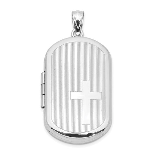 Sterling Silver Rhodium-plated Cross Rectangular Locket Pendant